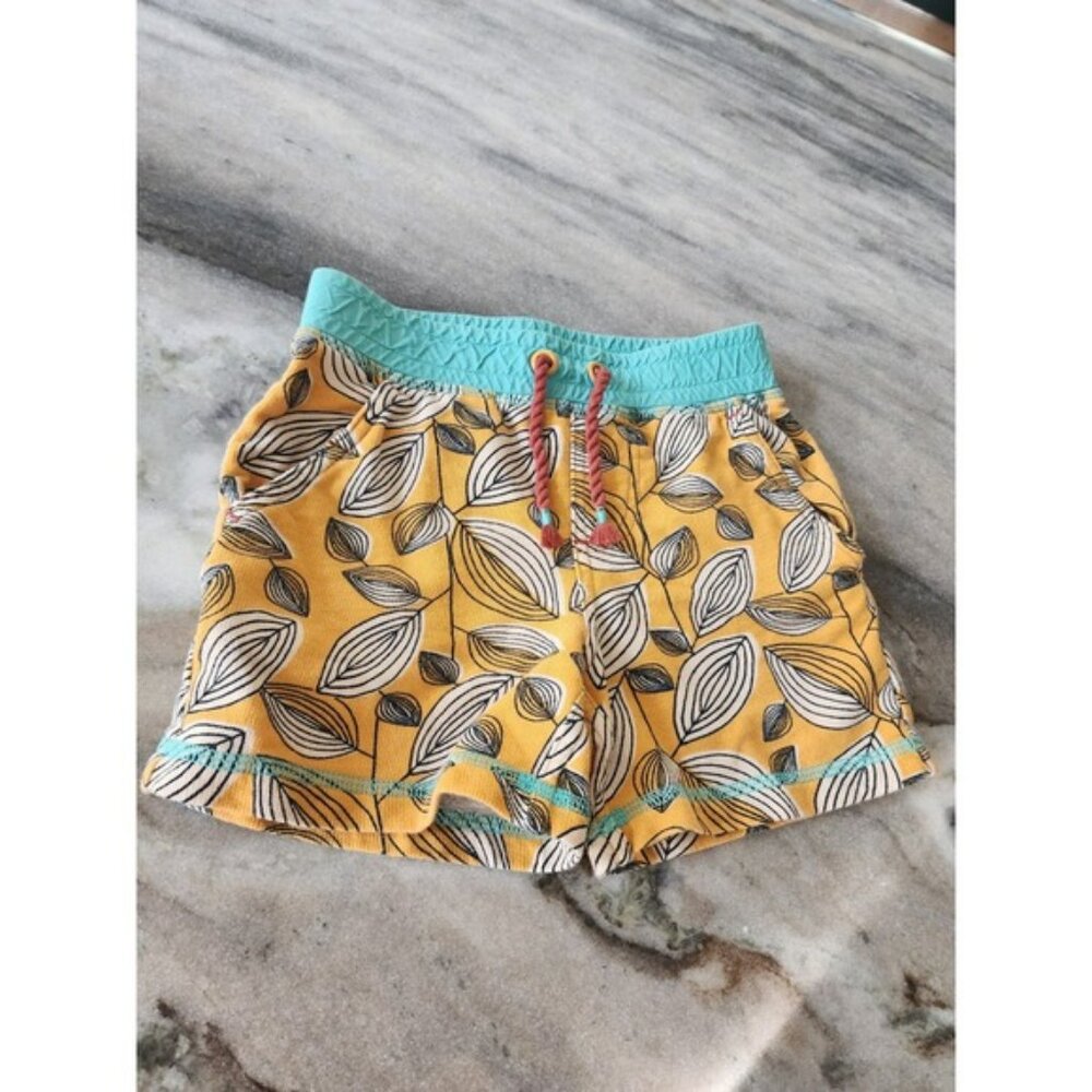 Matilda Jane Boys Mustard "Leaf it Be" Print Knit Shorts‎ Teal Trim Size 2